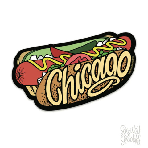 Sticker of a Chicago-style hot dog with 'Chicago' text on the bun