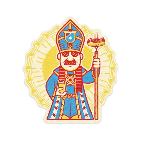 Colorful illustration of a pope in a blue robe holding a staff and hot dog, with a yellow background