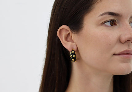 Dots Hoop Earrings Black Enamel
