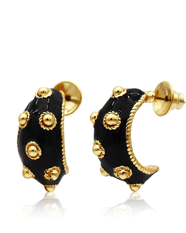 Dots Hoop Earrings Black Enamel