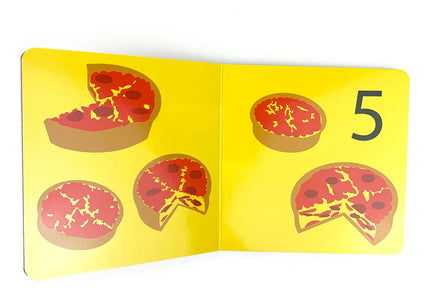 Pages of the book with the number 5 and 5 pizzas.