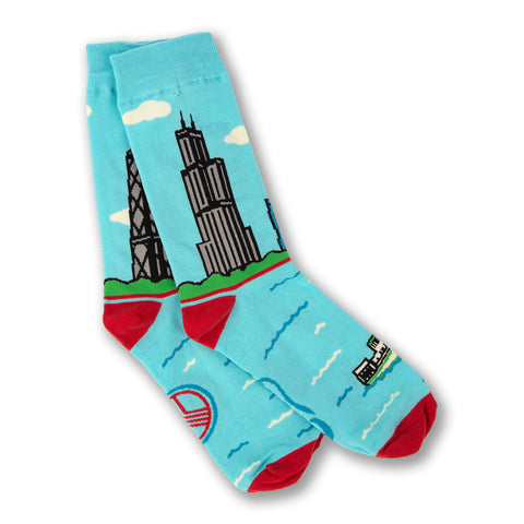 Light blue socks with a cityscape designs