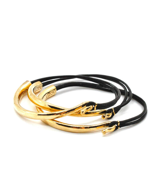 Black Leather 24K Gold Plate Bangle Bracelet