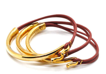 Brick Leather 24K Gold Plate Bangle Bracelet