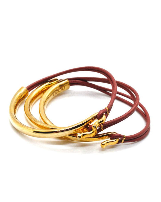 Brick Leather 24K Gold Plate Bangle Bracelet