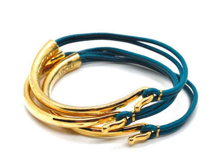 Denim Leather 24K Gold Plate Bangle Bracelet