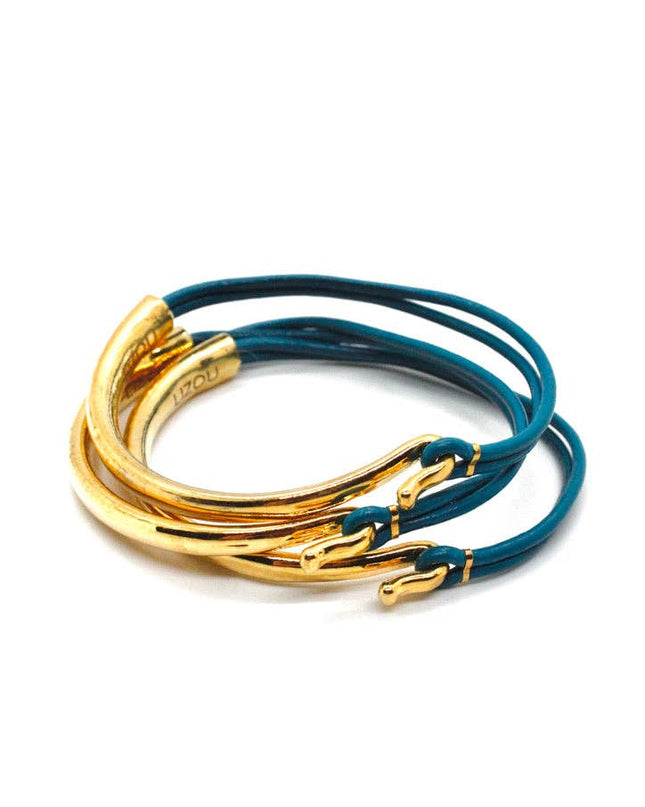Denim Leather 24K Gold Plate Bangle Bracelet