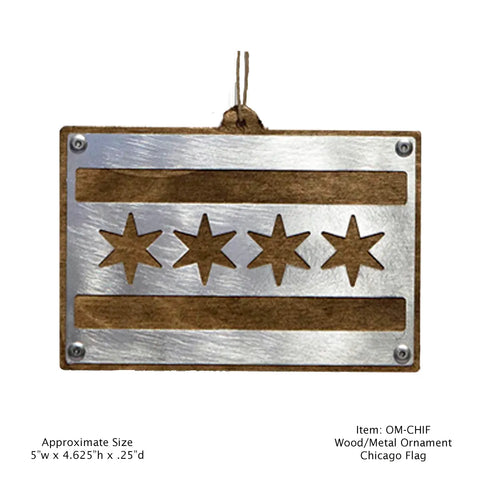 Chicago Flag Wood and Metal Ornament