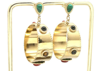 Gold Semi Precious Stone Wide Hoop Earrings