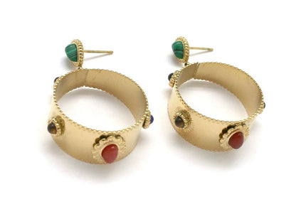 Gold Semi Precious Stone Wide Hoop Earrings