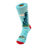 Light blue sock with a cityscape design
