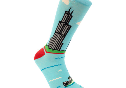 Light blue sock with a building design