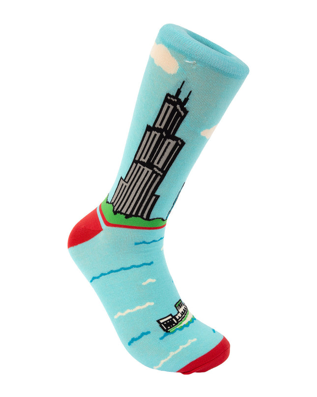 Light blue sock with a building design