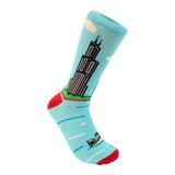 Light blue sock with a building design