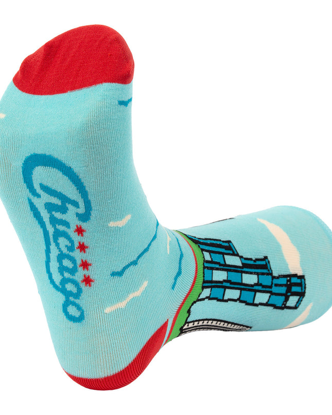 Light blue sock with red accents and 'Chicago' text on bottom of foot