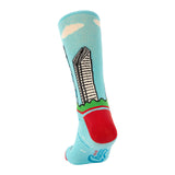 Colorful sock with a building design on a light blue background