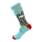 Colorful sock with cityscape design on a light blue background