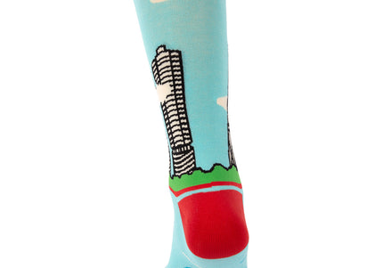 Colorful sock with a design on a light blue background