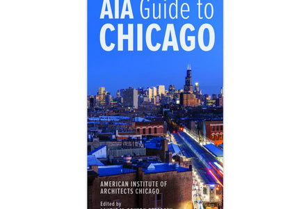 Cover of the AIA Guide to Chicago book featuring a night view of the Chicago skyline with architectural details.