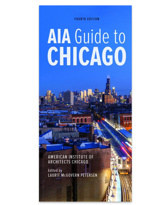 Cover of the AIA Guide to Chicago book featuring a night view of the Chicago skyline with architectural details.