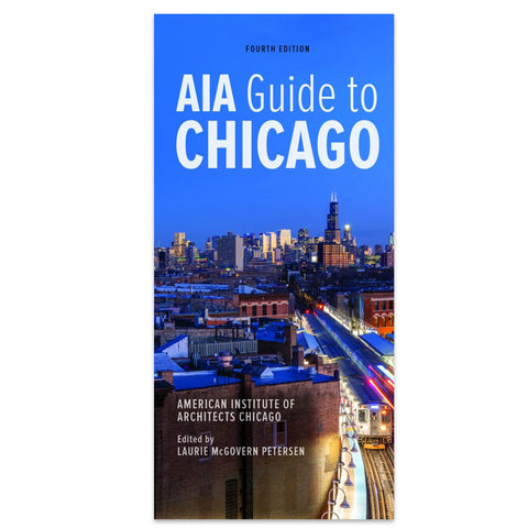 Cover of the AIA Guide to Chicago book featuring a night view of the Chicago skyline with architectural details.