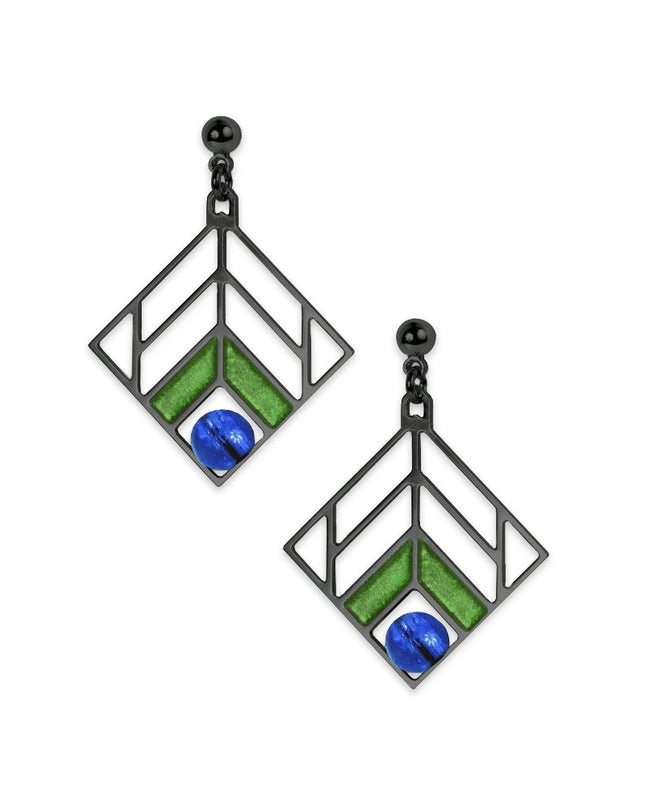 A pair of dangling earrings with a geometric chevron design in blue and green colors, with a hematite finish.