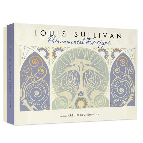 A box of Louis Sullivan Ornamental Design notecards with a patterned cover featuring floral and geometric designs.