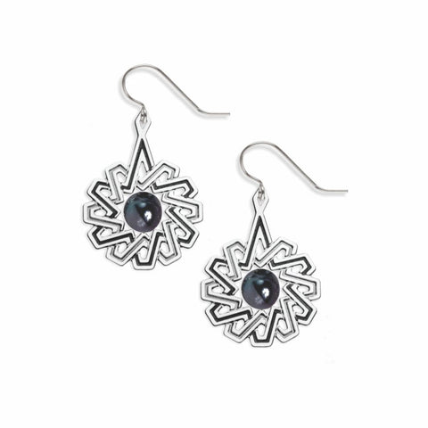 A pair of silver earrings featuring a geometric pattern with faux pearl accents and hypo-allergenic ear wires.