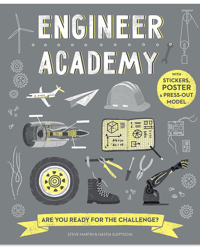 Cover of the book 'Engineer Academy' featuring illustrations related to engineering such as gears, a rocket, and a robot.
