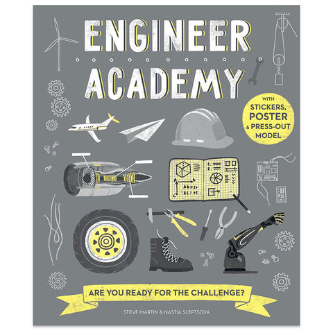 Cover of the book 'Engineer Academy' featuring illustrations related to engineering such as gears, a rocket, and a robot.