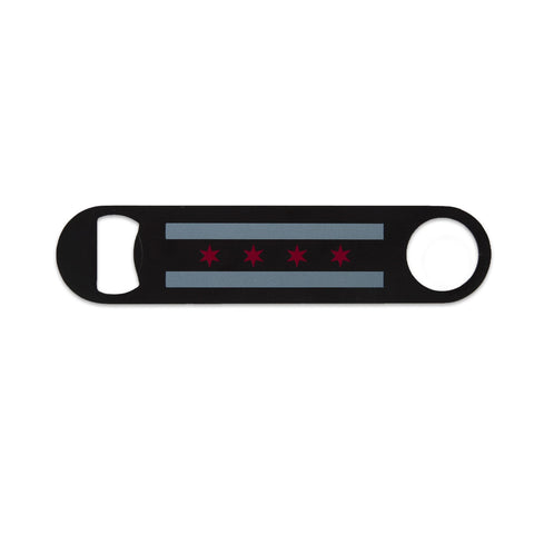 Black bottle opener featuring the Chicago flag design elements of red stars and blue stripes.