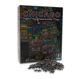 A jigsaw puzzle box with a colorful map of Chicago neighborhoods on it, along with a few scattered pieces.