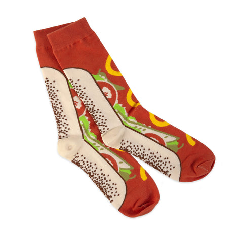 A pair of red socks with a Chicago-style hot dog design, featuring mustard, relish, onions, and tomatoes.