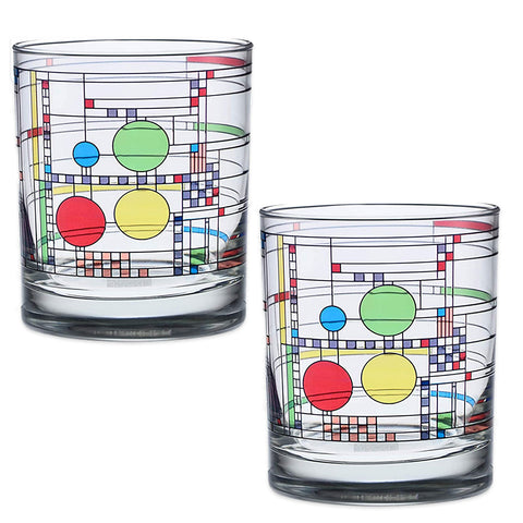A set of two clear double old-fashioned glasses with a geometric pattern inspired by Frank Lloyd Wright's design from the Coonley Playhouse.