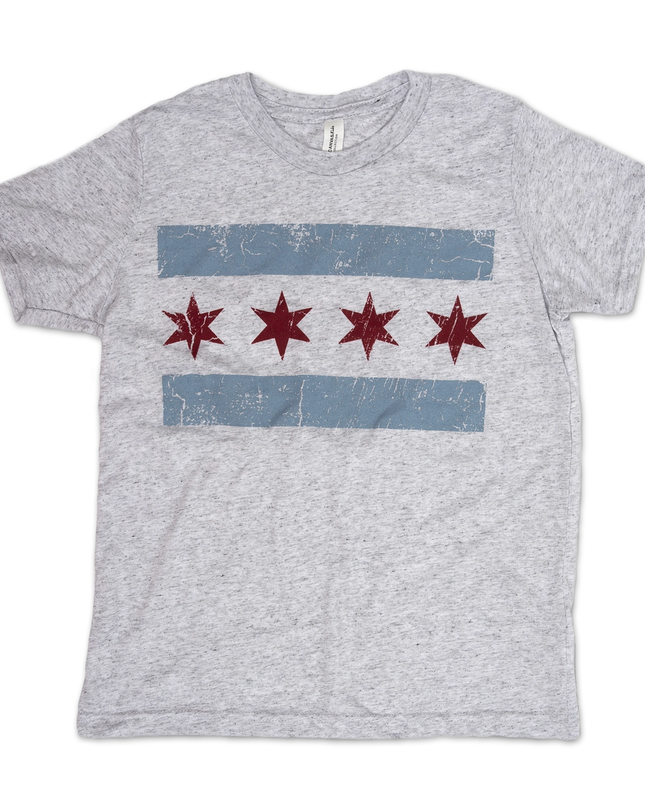 A grey youth t-shirt featuring a distressed design of the Chicago flag with a visible pattern and the state's capital city's name in bold letters.
