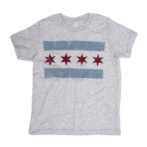 A grey youth t-shirt featuring a distressed design of the Chicago flag with a visible pattern and the state's capital city's name in bold letters.