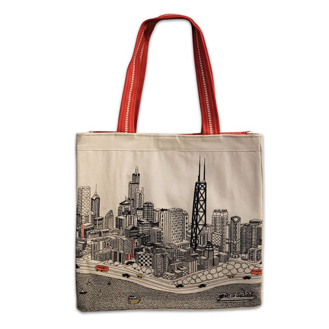 A tote bag with a white fabric featuring a detailed illustration of a city skyline and red ribbed straps.
