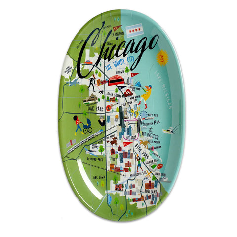 An oval, green melamine tidbit tray with a whimsical depiction of the city of Chicago and its landmarks.