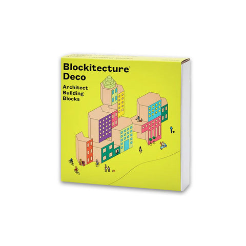 A box of Blockitecture Deco wooden building blocks featuring colorful, post-modern style architectural designs.