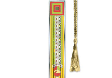 A metal bookmark featuring a yellow and green striped background and a saguaro cactus design. It has a hematite finish and a giclee print of the cactus forms and flowers.