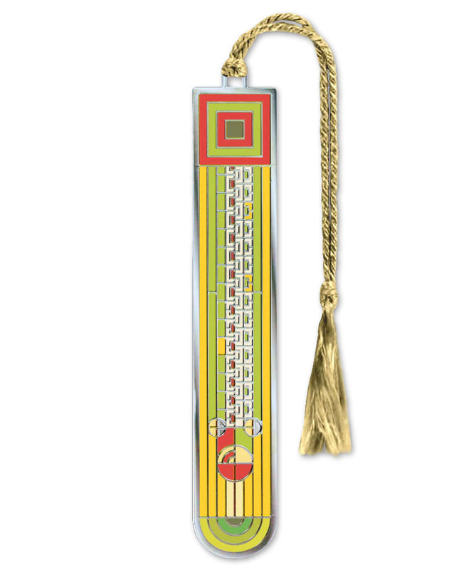 A metal bookmark featuring a yellow and green striped background and a saguaro cactus design. It has a hematite finish and a giclee print of the cactus forms and flowers.