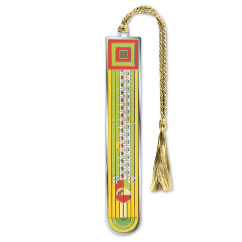 A metal bookmark featuring a yellow and green striped background and a saguaro cactus design. It has a hematite finish and a giclee print of the cactus forms and flowers.