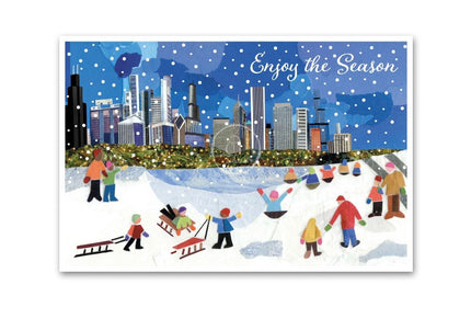 A holiday card featuring a colorful illustration of people sledding with a Chicago skyline background, and the text 'Enjoy the Season'.