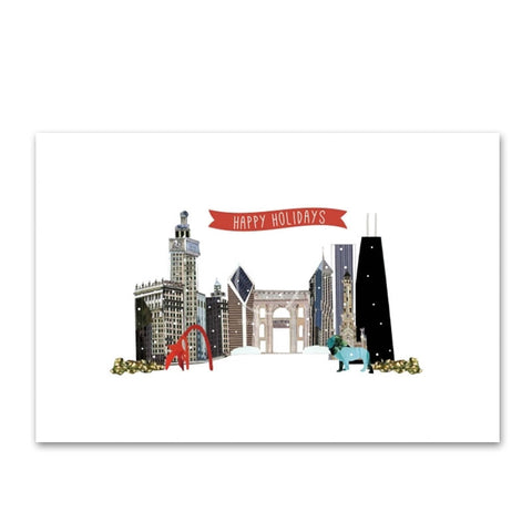 A holiday card featuring an illustration of Chicago's skyline with holiday decorations and a red banner reading 'HAPPY HOLIDAYS'.