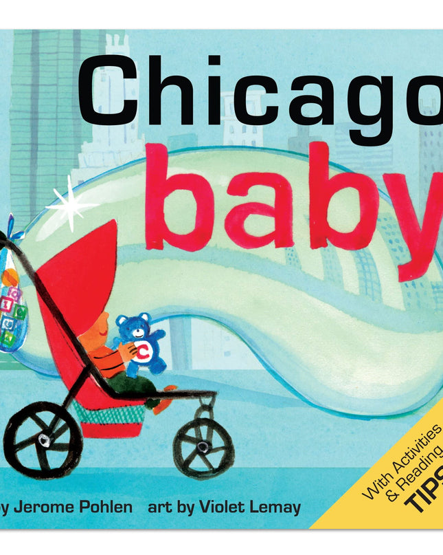Cover of the board book 'Chicago Baby' showing an illustration of a stylized baby buggy with a child and teddy bear, against a city skyline background.