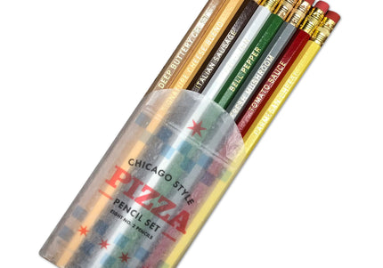 A set of 8 multicolored pencils with pizza toppings labels such as pepperoni, sausage, mushrooms, green peppers, onions, and tomato sauce, packaged in a clear case with 'Chicago Style Pizza Pencils' branding.