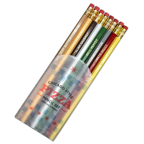 A set of 8 multicolored pencils with pizza toppings labels such as pepperoni, sausage, mushrooms, green peppers, onions, and tomato sauce, packaged in a clear case with 'Chicago Style Pizza Pencils' branding.