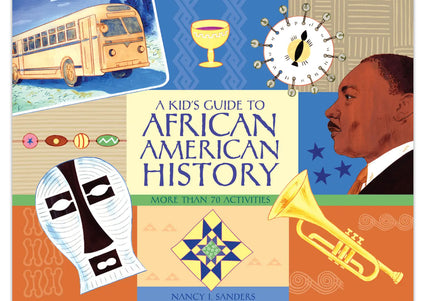 Cover image featuring the title, MLK, Jr., a bus, a trumpet, a quilt block, and African cultural items.